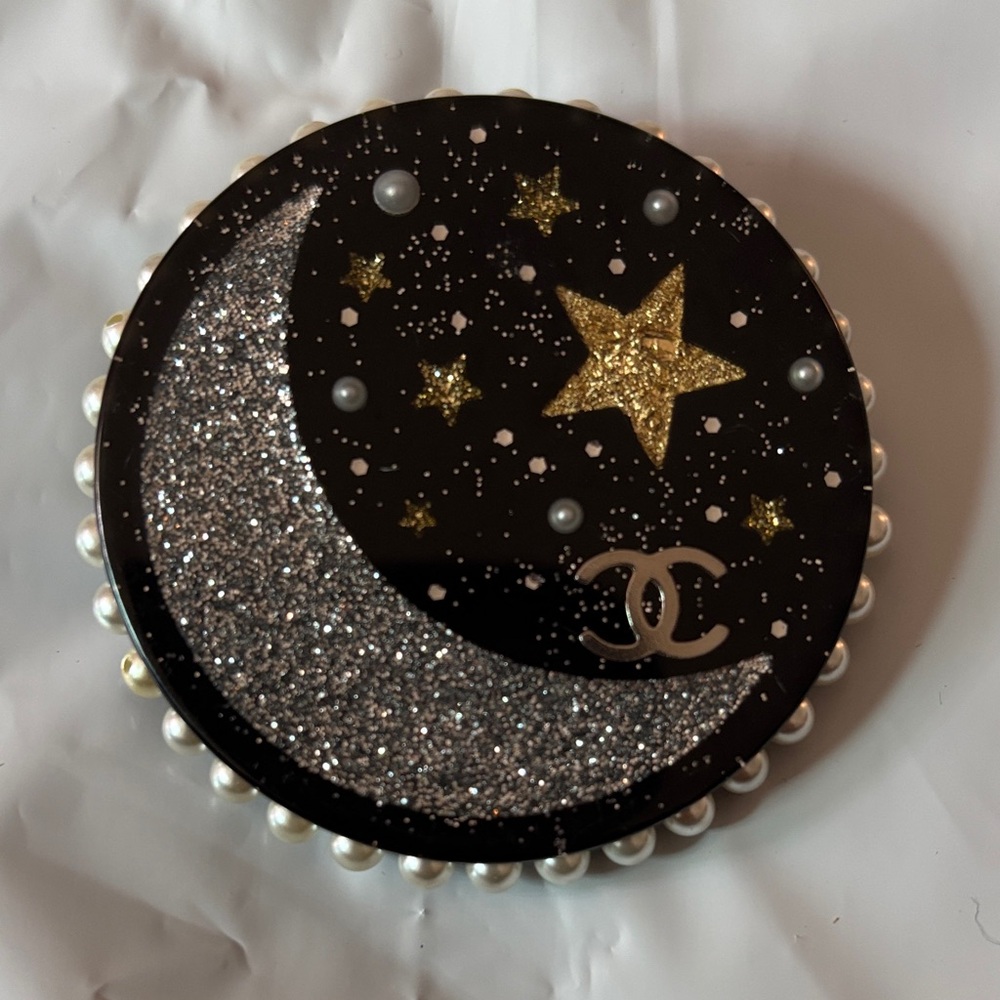 CHANEL Black and Silver Glitter Moon Brooch